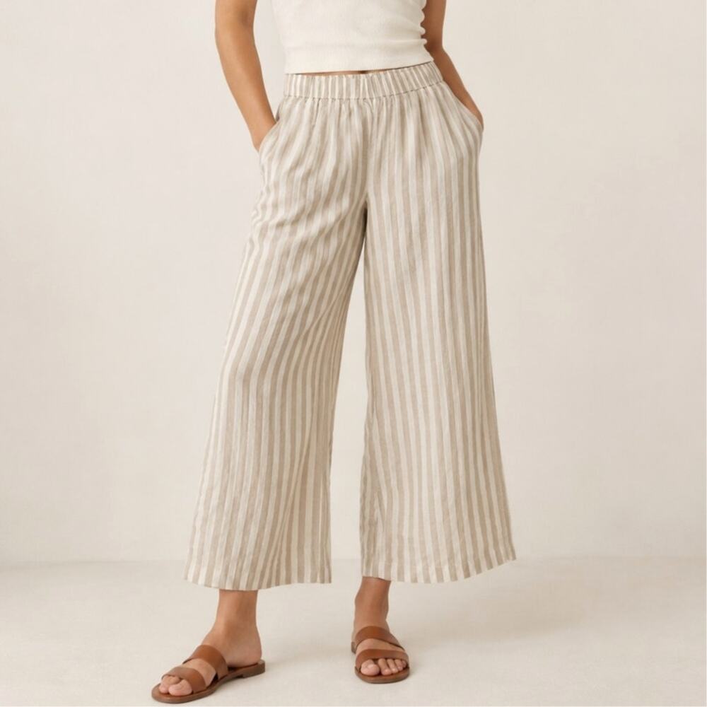 Pact Women's Coastal Double Gauze Wide Leg Pant Ivory Tan Size Medium